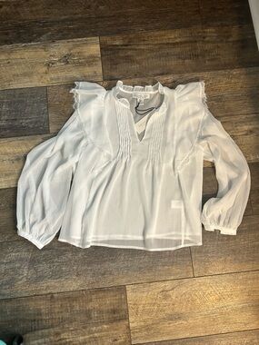 Rachel Zoe White Ruffle Lace-Trim Sheer Blouse